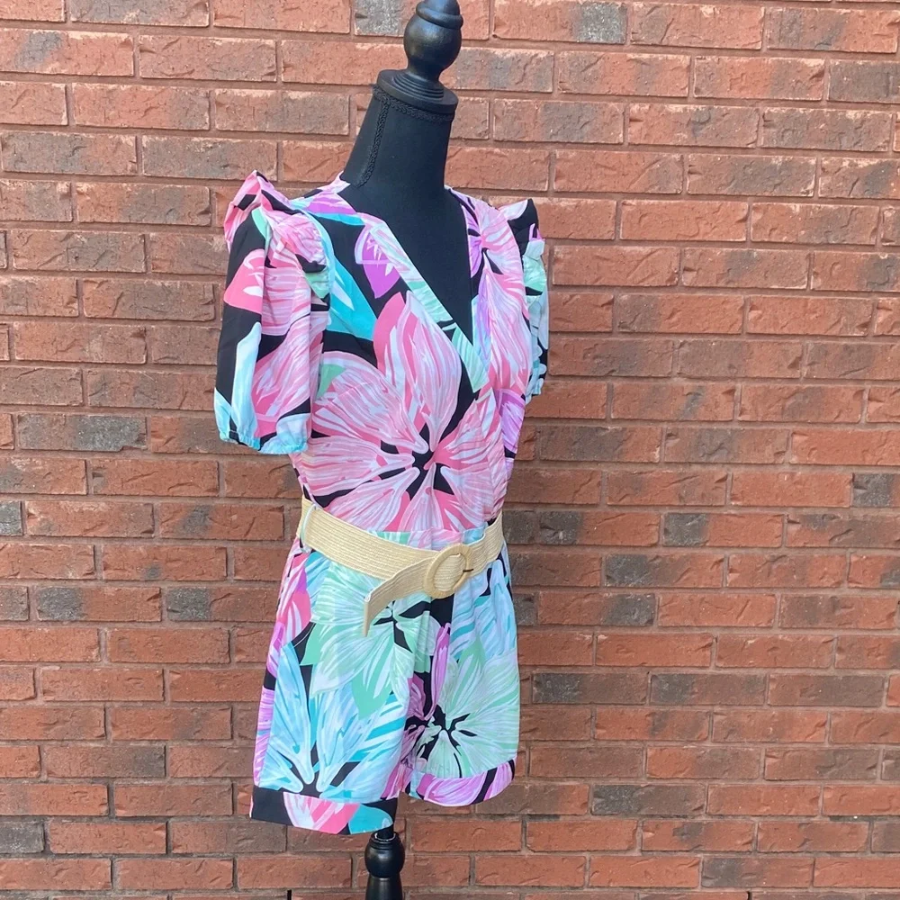 NWT Floral Wrap Romper in Pink, Aqua & Black L - Picture 8 of 14